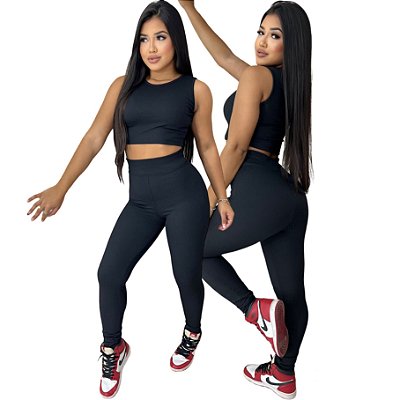 Conjunto Feminino Biker Gringa Cropped + Calça Canelado